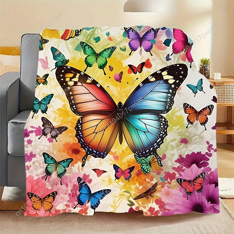 

1pc Vibrant Butterfly & Floral Print Flannel Throw Blanket - Cozy, Soft, Warm, Tear-Resistant, All-Season Gift for Sofa, Bed 75cmx90cm