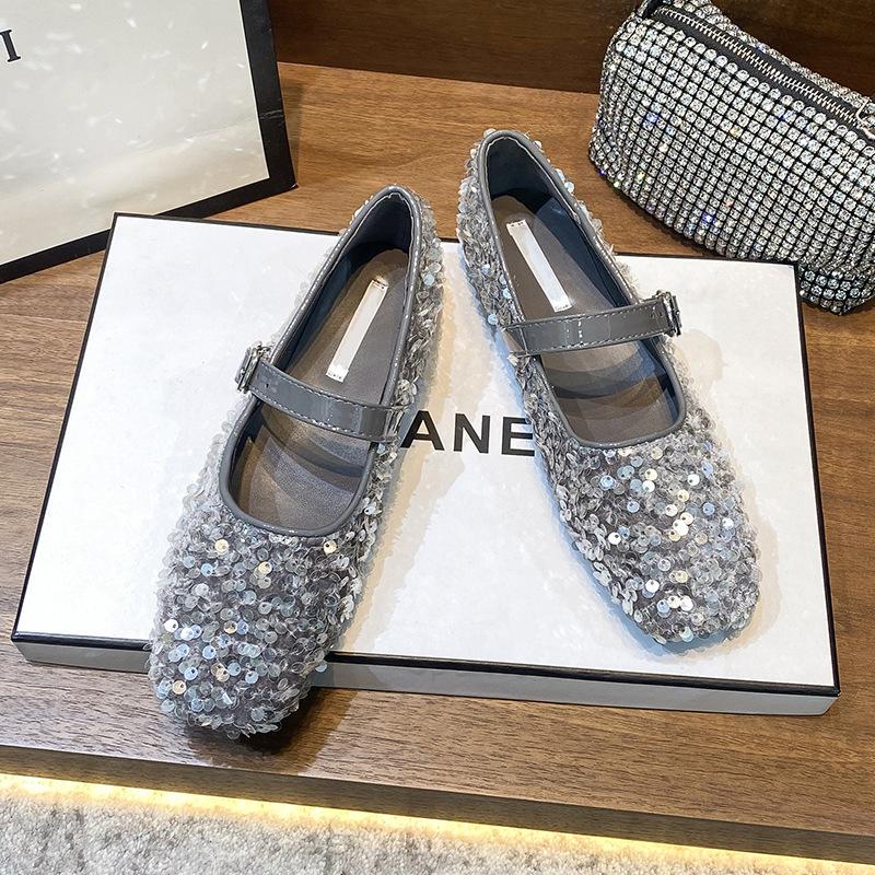 

2025 ранняя весна новые французские ручной работы туфли на плоской подошве с пайетками, удобная мягкая подошва, квадратный носок, слово с туфлями Мэри Джейн, женские 40 серебряный