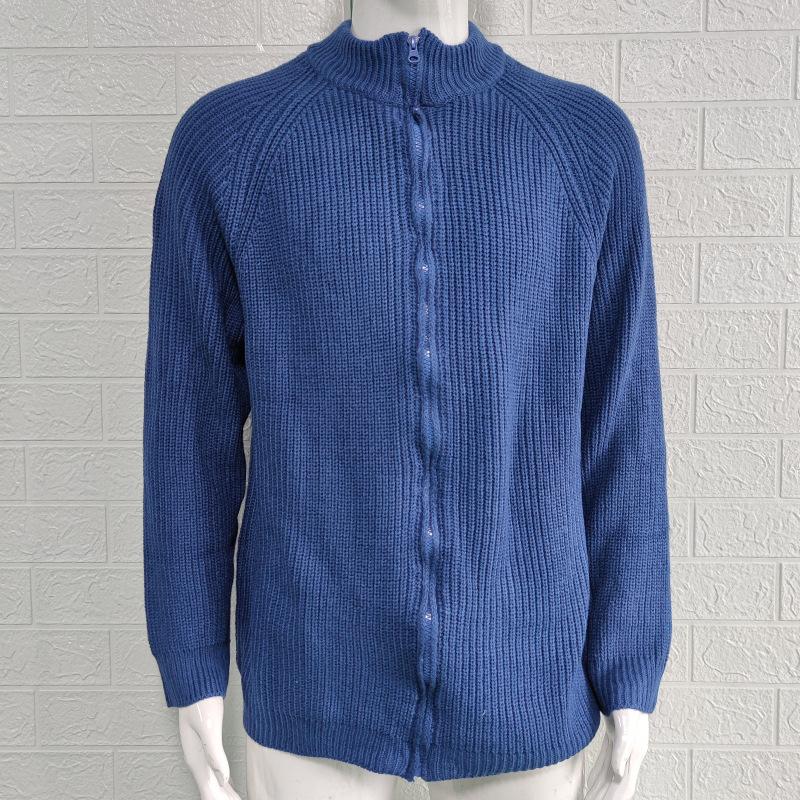 

Мужской свитер-кардиган 2025 года, однотонный, на молнии, с высоким воротником, вязаная куртка XXL синий