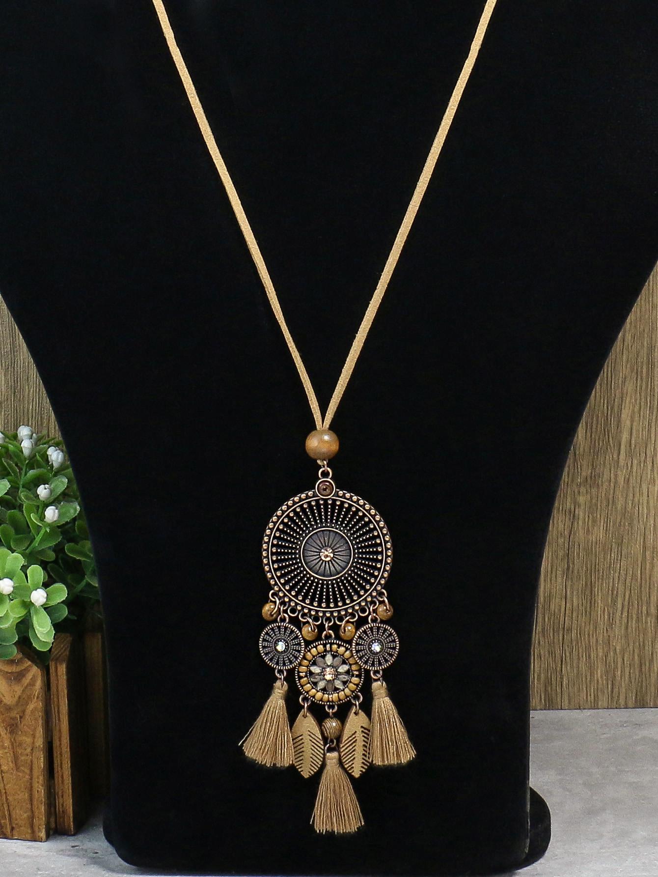 

Винтажное этническое длинное женское ожерелье, металлическая цепочка, ожерелье с кисточкой в виде колеса, женское, для повседневной носки, для отпуска, подарок