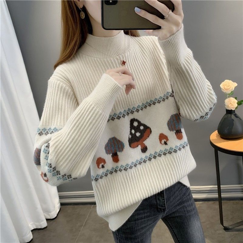 Sweater for Women's Autumn and Winter New Style Plus Velvet Thickened Half Turtle Neck Knitted Base Short Loose Jacquard Top