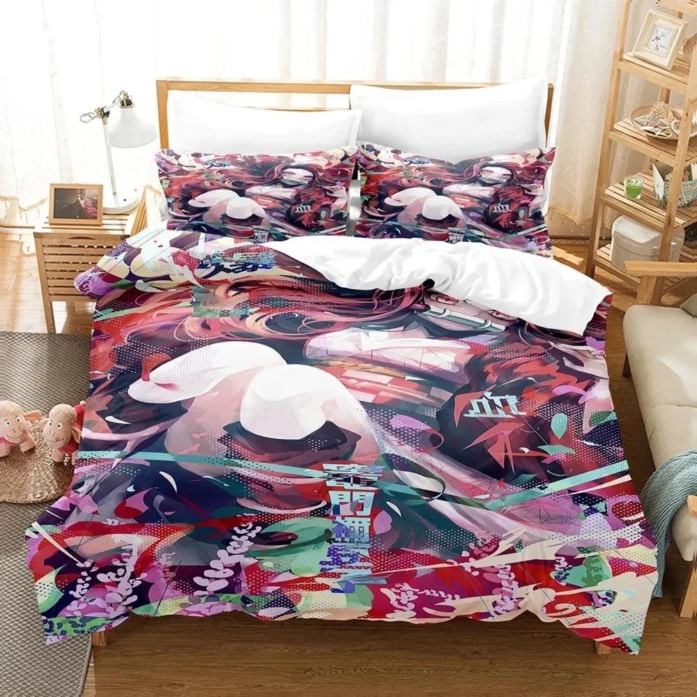 Anime Demon Slayer Nezuko Sängkläder Set Påslakan Sängset Täcke Örngott Täcke king Queen Size Pojkar Vuxen