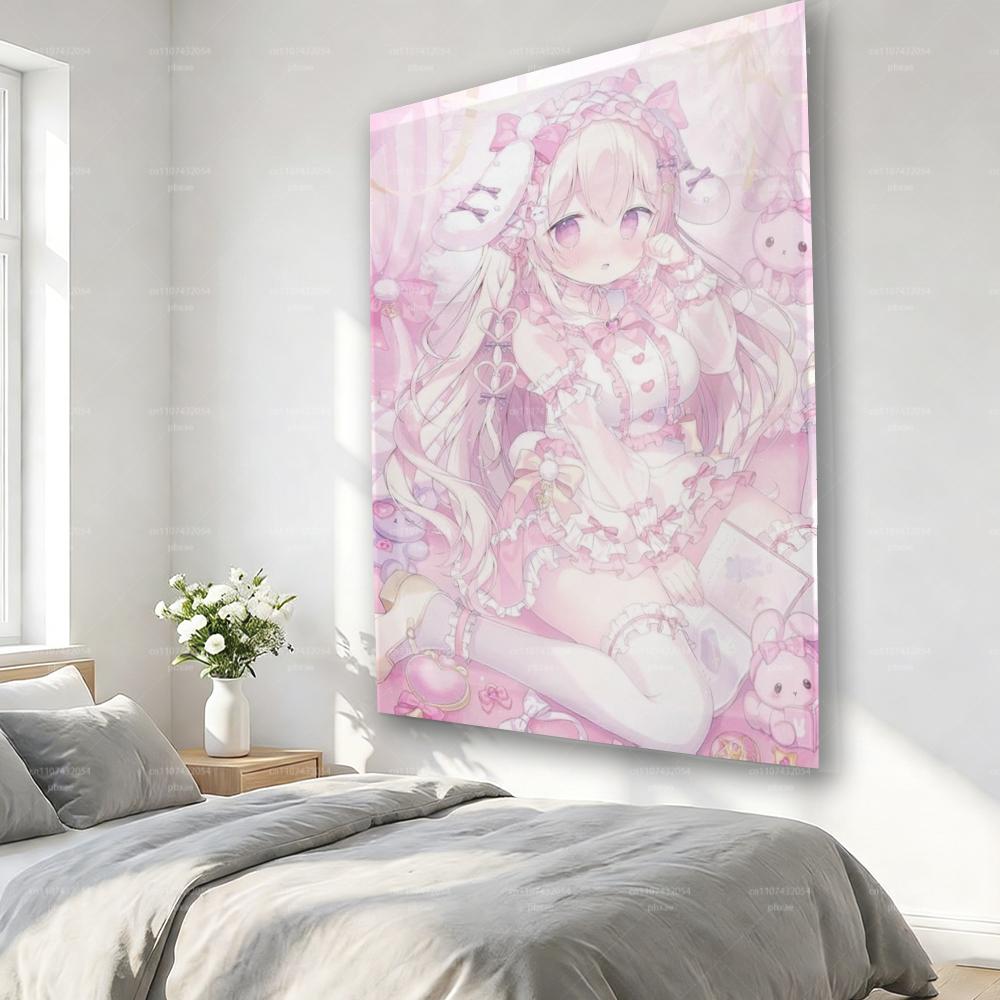 Kawaii Pink Anime Girl Tapestry Cute Maid Lolita Wall Hanging for Bedroom Dorm Decor