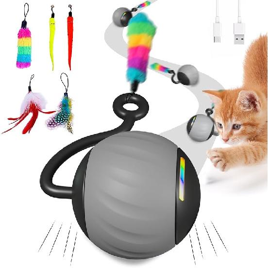 Интерактивные игрушки для кошек для дома, DIY 5 в 1 Автоматический подвижный мячик-игрушка для кошек/собак со светодиодными радужными огнями, умными звуками и сенсорным управлением Кошка серый