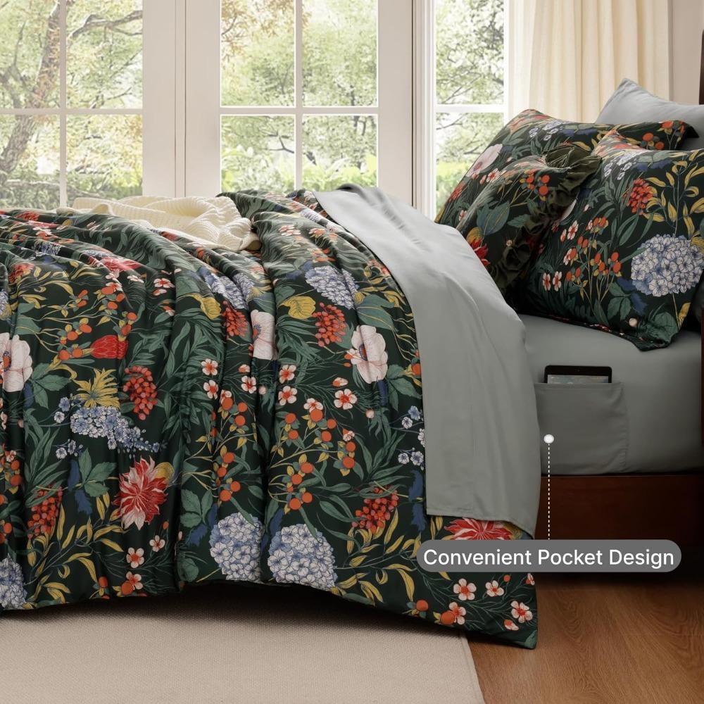 Green Botanical Floral King Comforter Set - 7-Piece Bedding Ensemble with Flower Print for King Bed