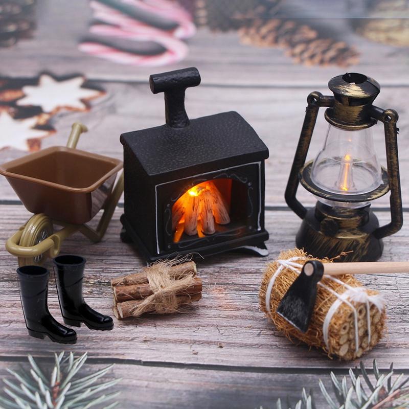 Dollhouse Miniature Fireplace Glowing Stove Model House Furniture Kitchen Living Scene Decor Toy