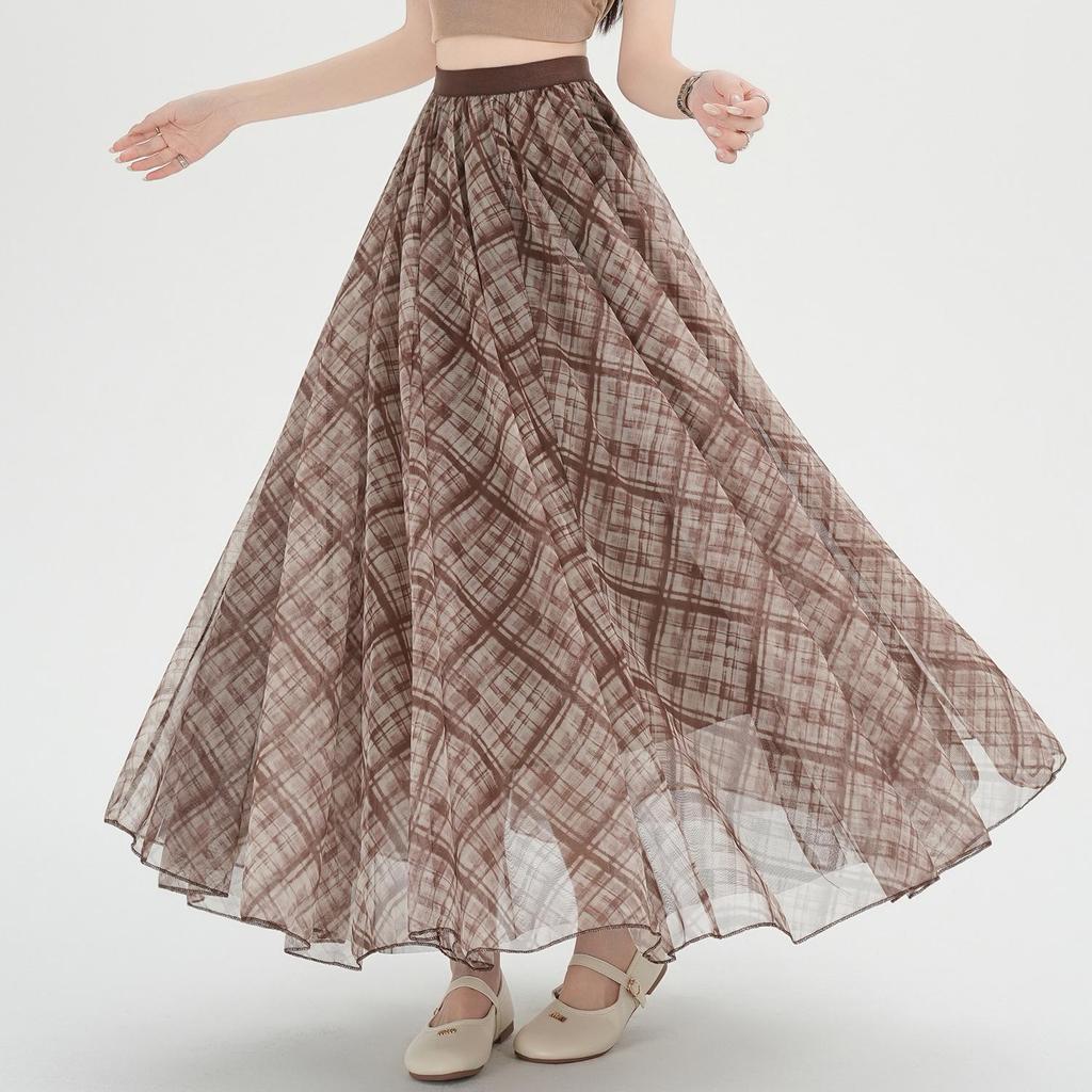 High-Waisted A-Line Plaid Mesh Skirt for Women - Elegant Slimming Umbrella Design