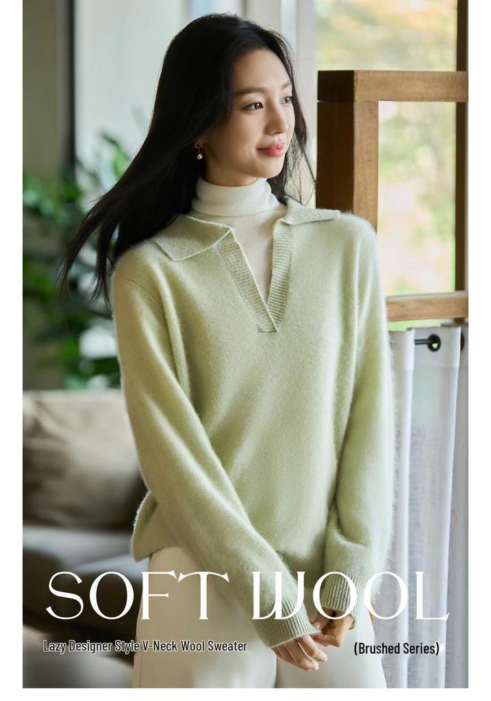 Pure Wool Lapel Knit Long Sleeve Women's Soft Brushed Base Layer for 2025 Autumn/Winter