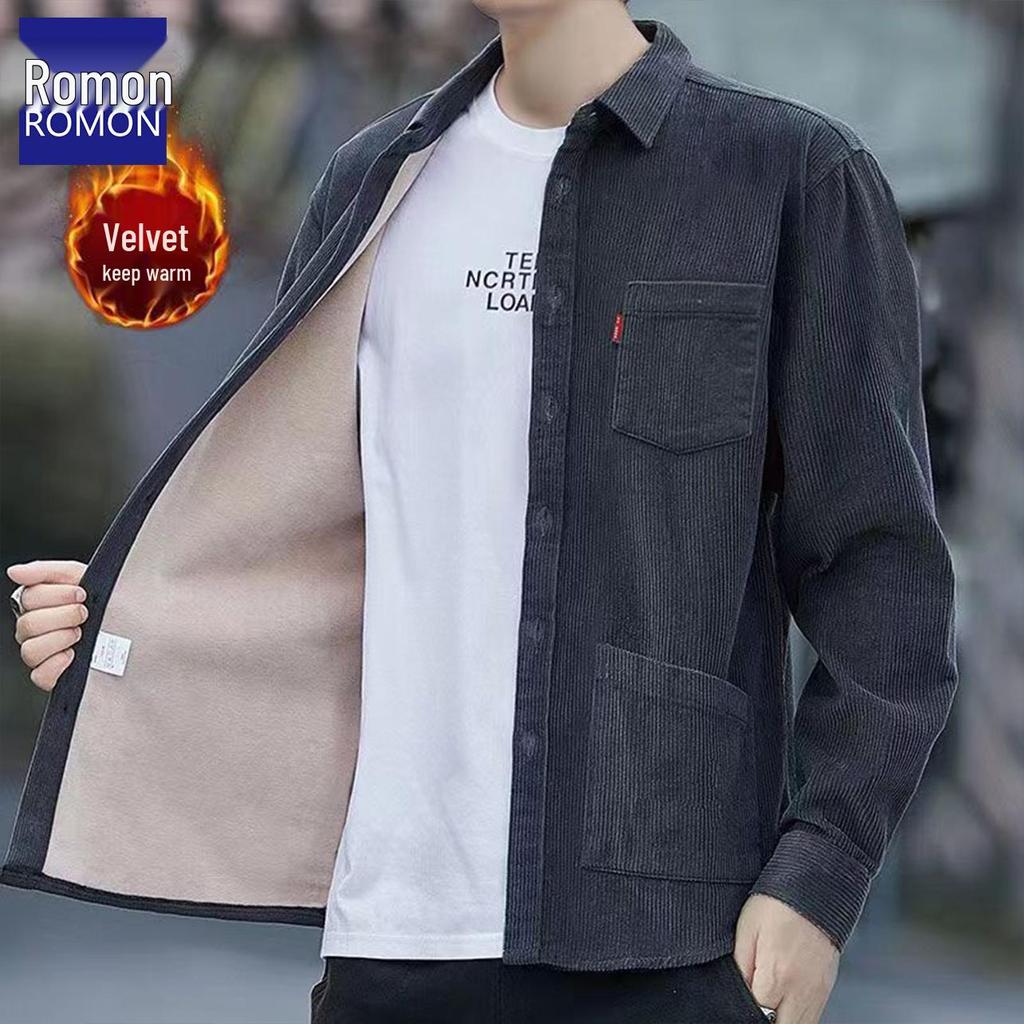 Romon Men's Fleece-Lined Corduroy Warm Shirt Jacket - Iron-Free Autumn/Winter Workwear