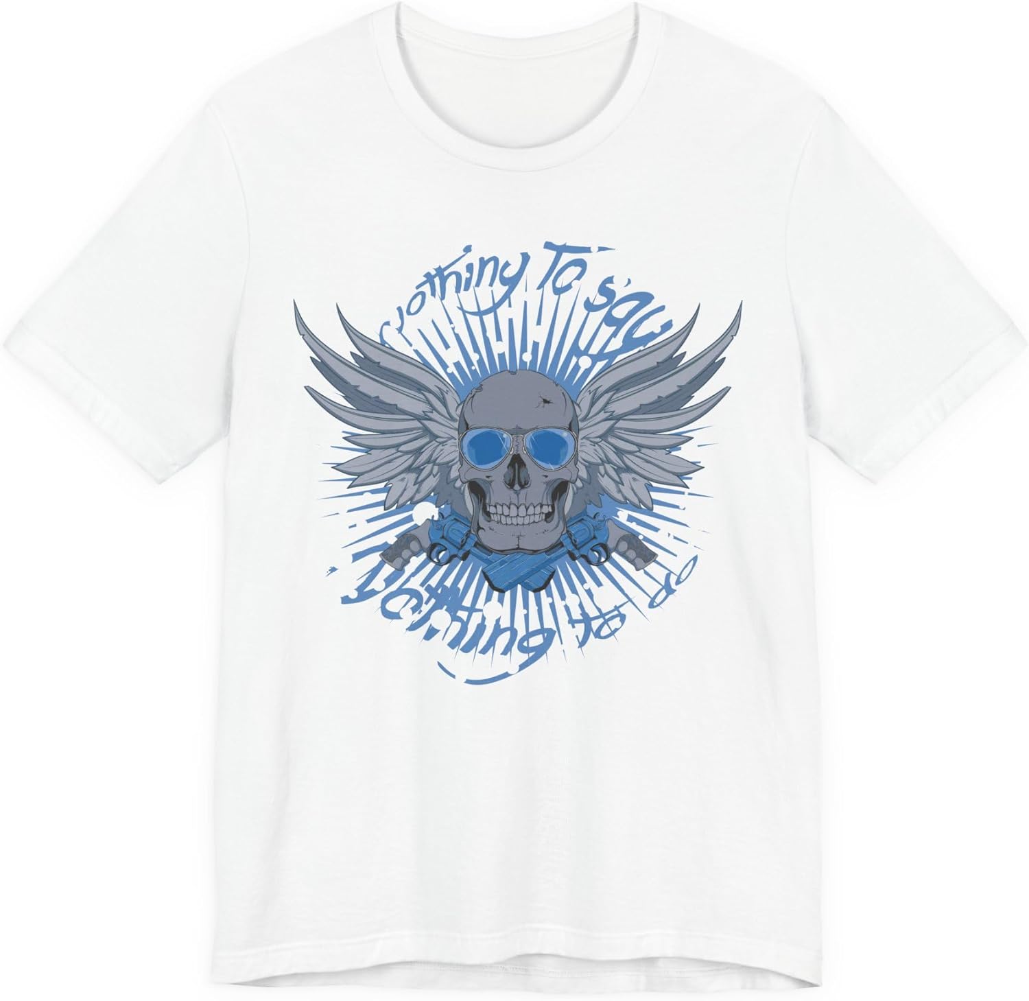 Winged Skull Graphic Tee | Blue Skull with Wings, Radiant Burst S