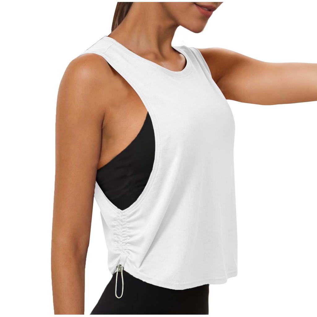 Women’s Sleeveless Loose Fit Tank Top with Side Drawstring Design Athletic Workout Shirt for Yoga Running Gym Fitness