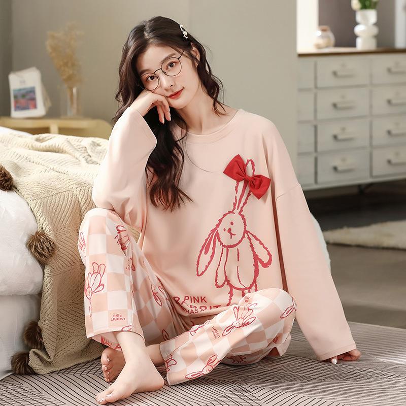 

Новая весенне-осенняя женская пижама из чистого хлопка с круглым вырезом и принтом в виде мультфильма, толстовка с капюшоном и длинным рукавом, женский комплект домашней одежды M