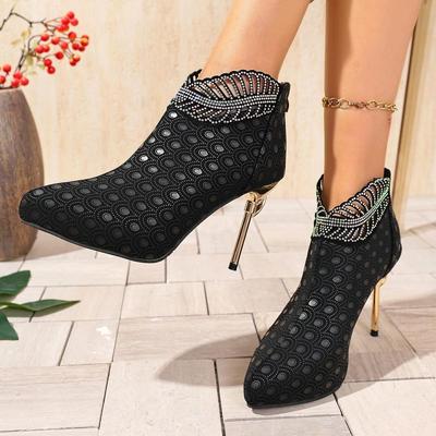 Luxury Glitter Leaf Decoration Ankle Boots Women 2025 Autumn Sexy Pointed Toe Super High Heel Party Booties Rear Zip Boots