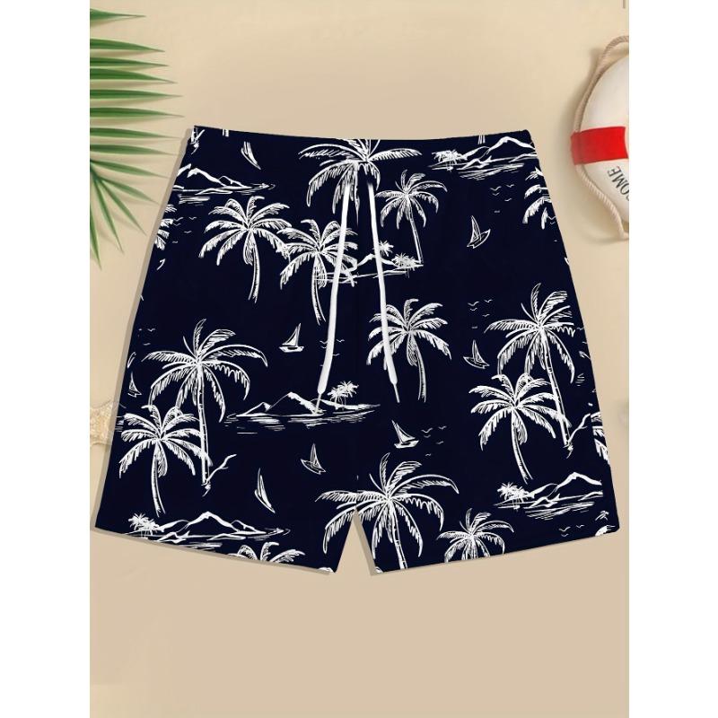 Men s summer 3D fashionable personalized coconut tree print pattern casual and comfortable five quarter shorts S