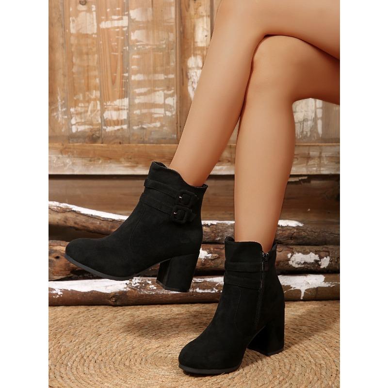 Belt Buckle High-heeled Fashion Boots 2025 Winter New Suede Block-heeled Booties