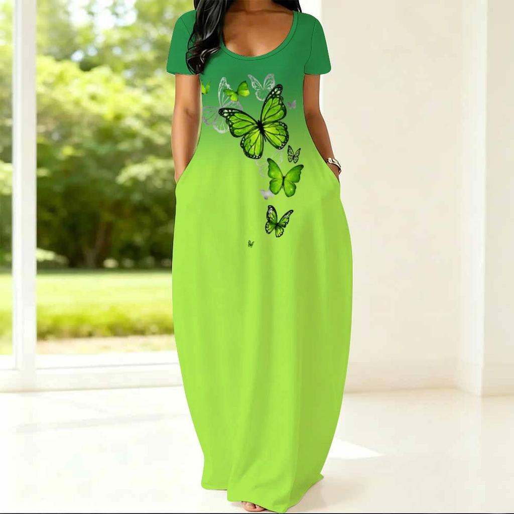 Ladies Curvy Fit Crew Neck Short Sleeve Dress Light Loose Outfit Designed For Summer Daily Hangouts