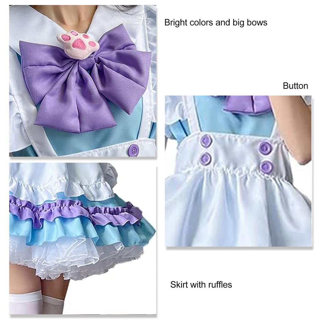 Cute Maid Dress Short Sleeve Sweet Maid Outfit with Apron Big Bow Headwear for Party Blue Purple M