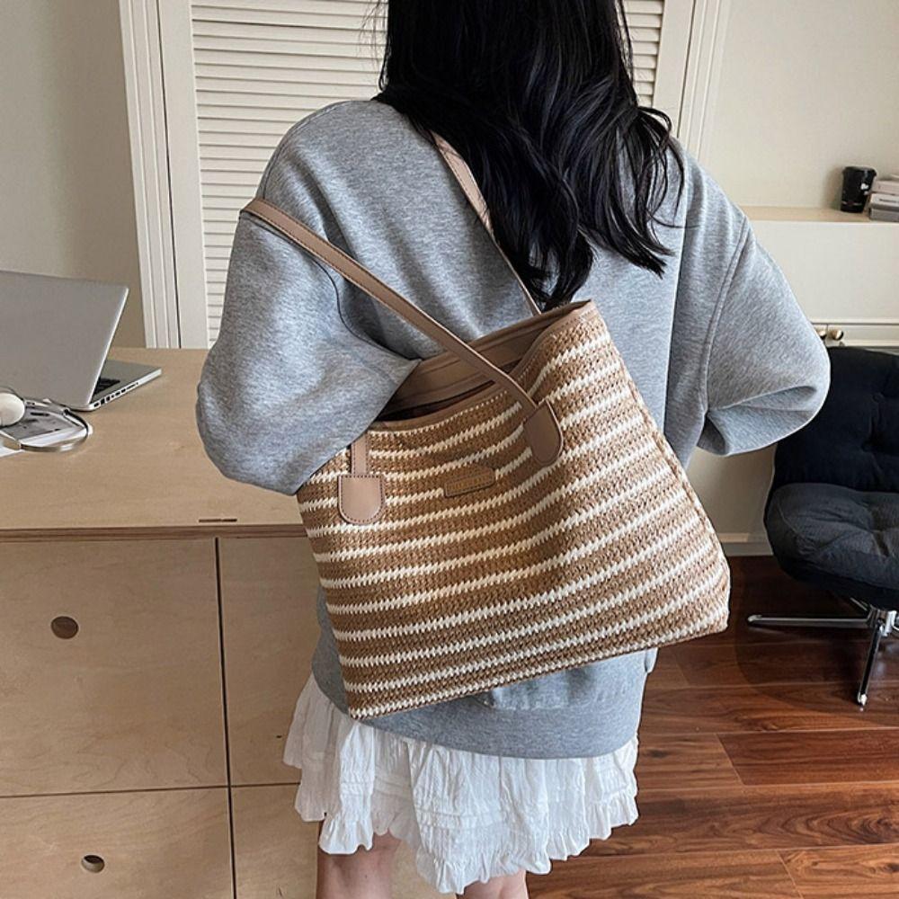 Beach Handbag Straw Woven Bag Parent Shoulder Bag Strip Shoulder Bag Bohemian Beach Bag  Streetwear