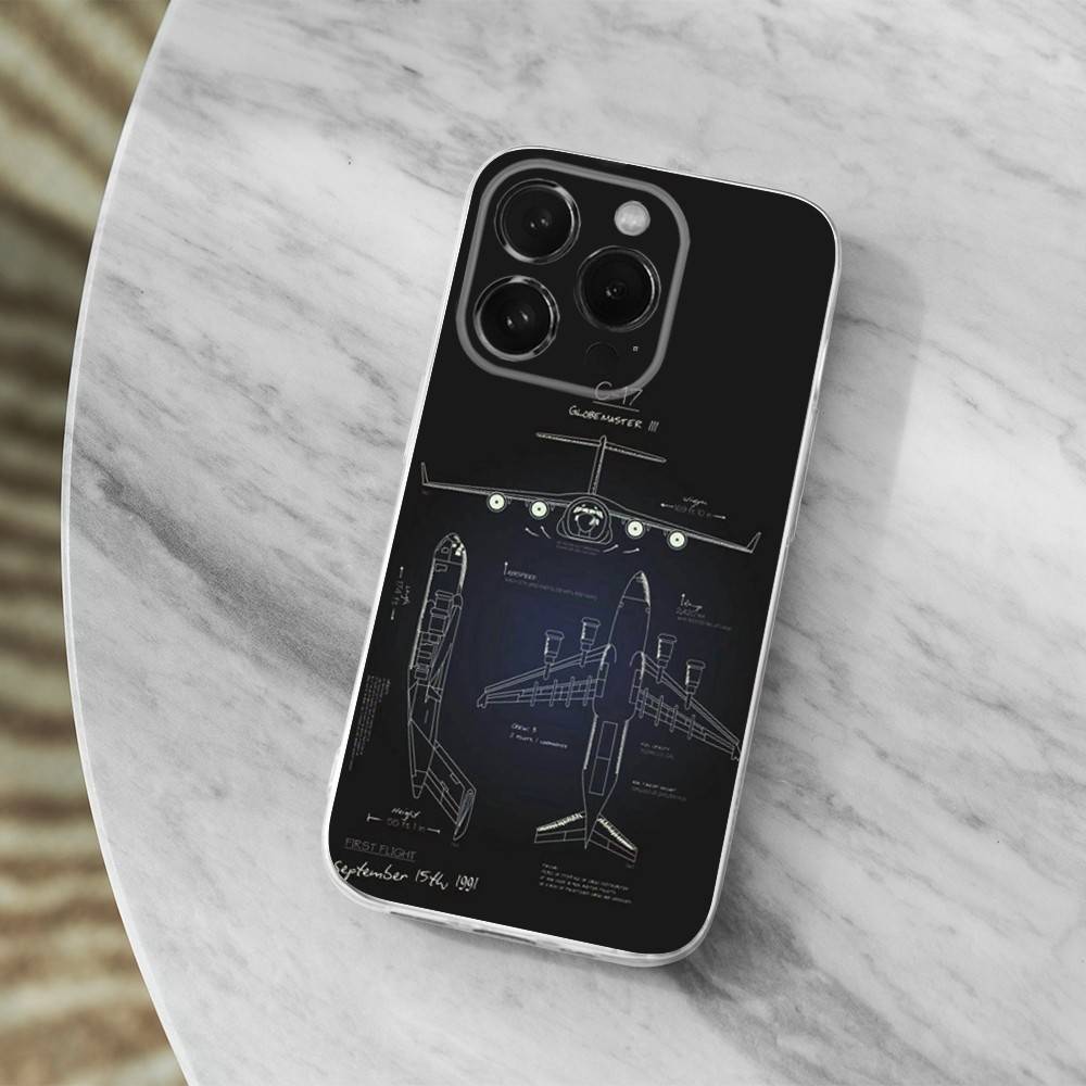 Blueprints Art Aircraft Case For iPhone X,XS,SE,12,15,Pro,17,Plus,11,Max,13,XR,14,16,Mini,Transparent Soft Cover