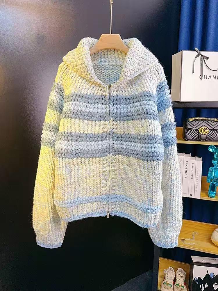 

Women s Korean Style Striped Zipper Stand Collar Sweater Coat for Autumn and Winter One Size небесно-голубой