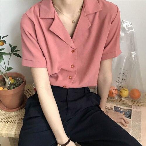 Camicetta da donna Camicetta alla moda a maniche corte con scollo a V, casual, da ufficio, camicie bianche, top in stile coreano giapponese
