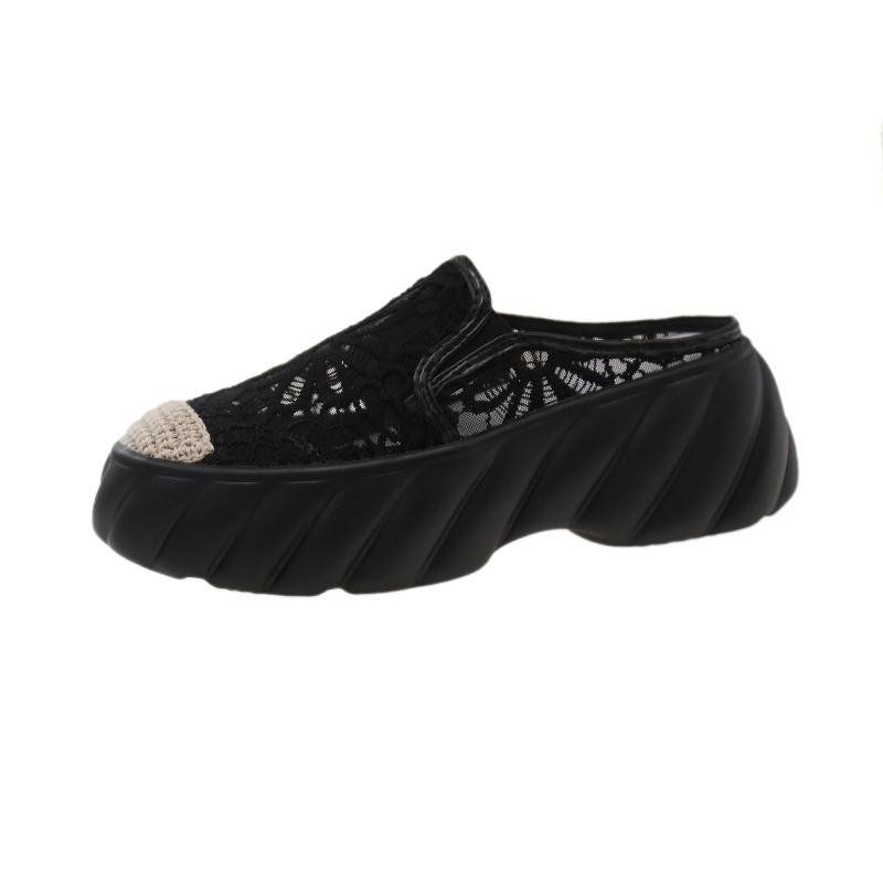 

Модные тапочки на танкетке с закрытым носком, летние новые, с круглым носком, прострочкой, вышивкой, кружевом, с глубоким вырезом, облегающие стопу, водонепроницаемая платформа, высокие каблуки 40 чёрный