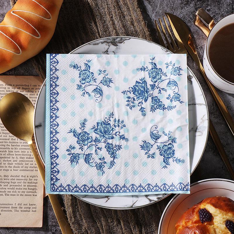 European Retro Blue and White Porcelain Print Disposable Napkins for Restaurant, Party, or Hotel Dining