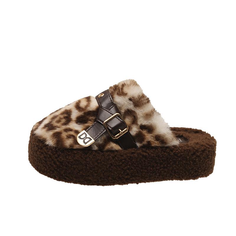 Thick-soled Plush Bag Head Half-towed Cotton Shoes, Women Wear Autumn and Winter New Internet Celebrities Popular Leopard Print Fluffy Slippers