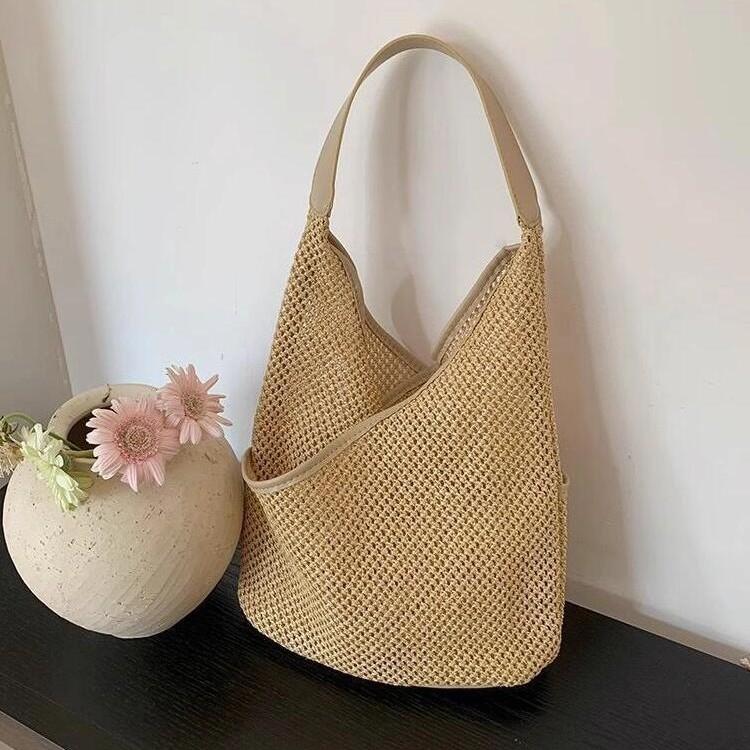 Straw bag women's literary shoulder new summer small fresh woven bucket bag