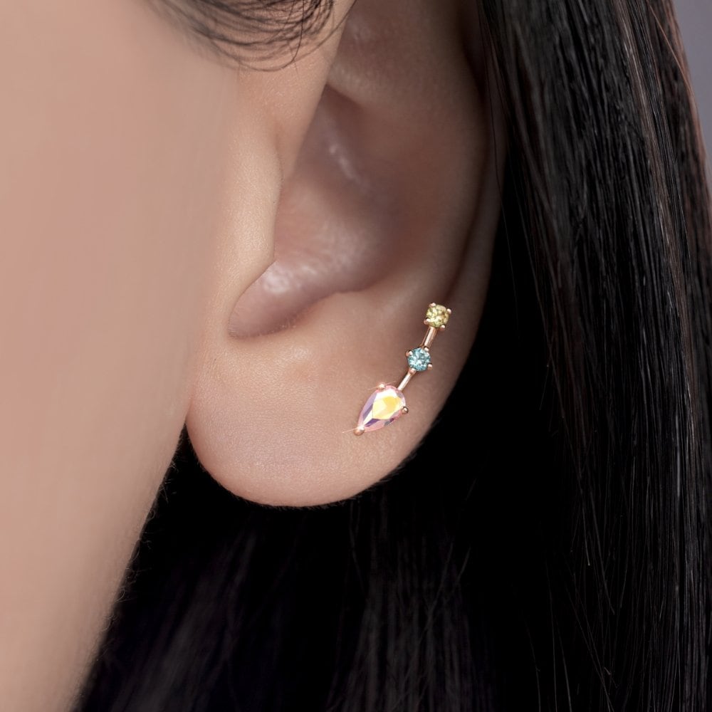 14K Triple Color Cubic Arrow Piercing Earlobe Barbell Earcons Gold Earrings