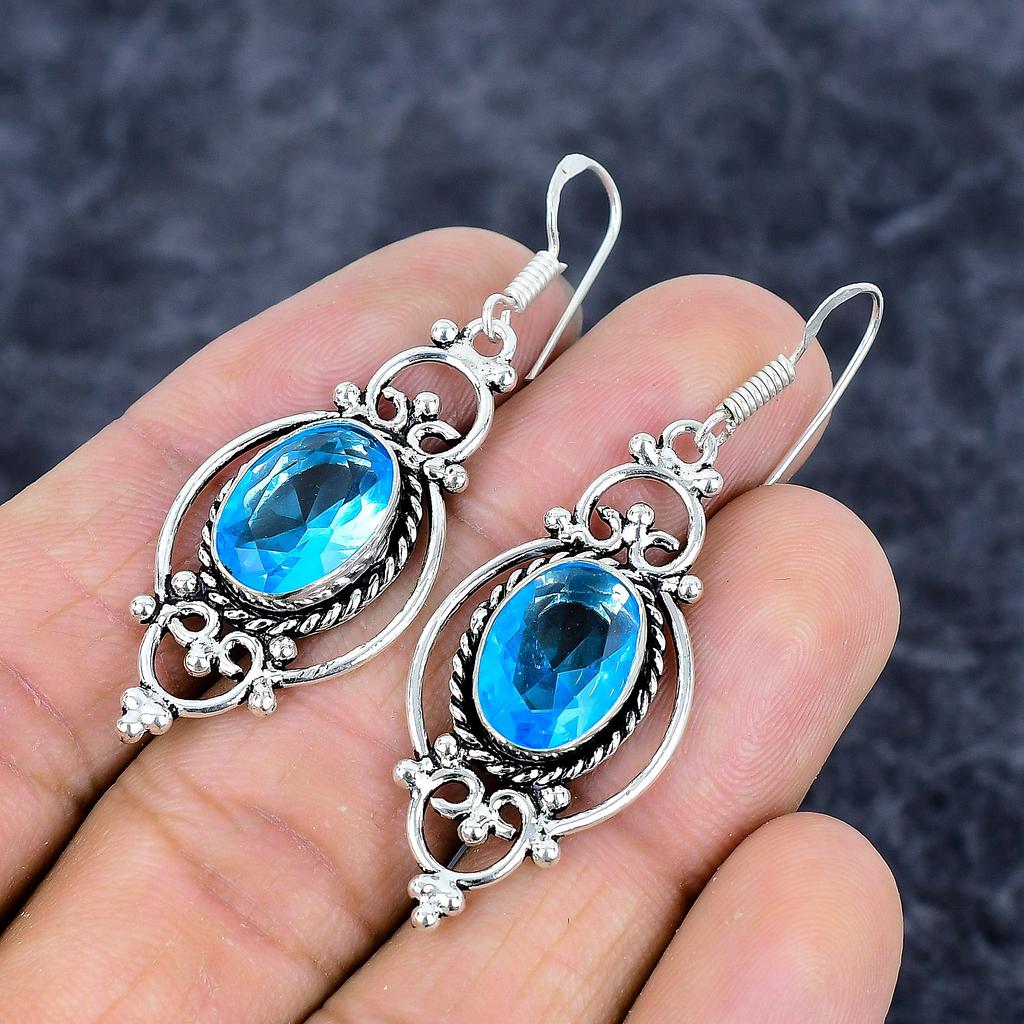 Blue Topaz Gemstone Handmade 925 Sterling Silver Jewelry Earring 2.21" M-3298