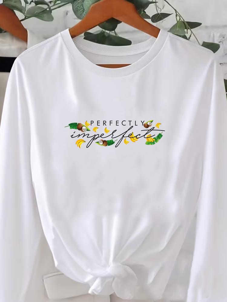 (Asian Size) flower letter cute style Printed o-neck Long Sleeve T Shirt Tee Lady Women Female Clothing Casual Fashion Top Graphic T-shirts