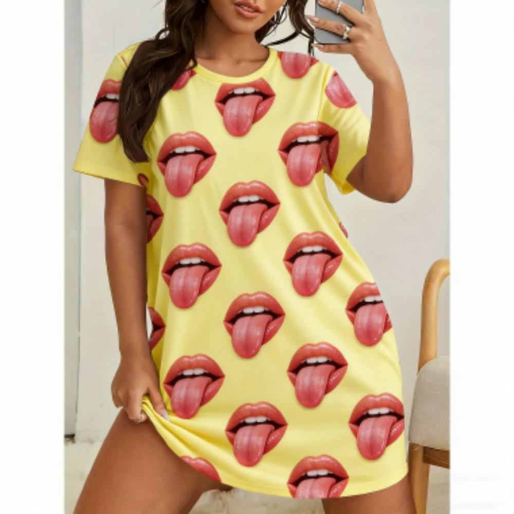Fashion Sexy Lips Print Women Short Sleeve Sleepwear Dresses Loose Casual Fit Tee Nightwear Home Clothes Nightie Loungewear Dresses S