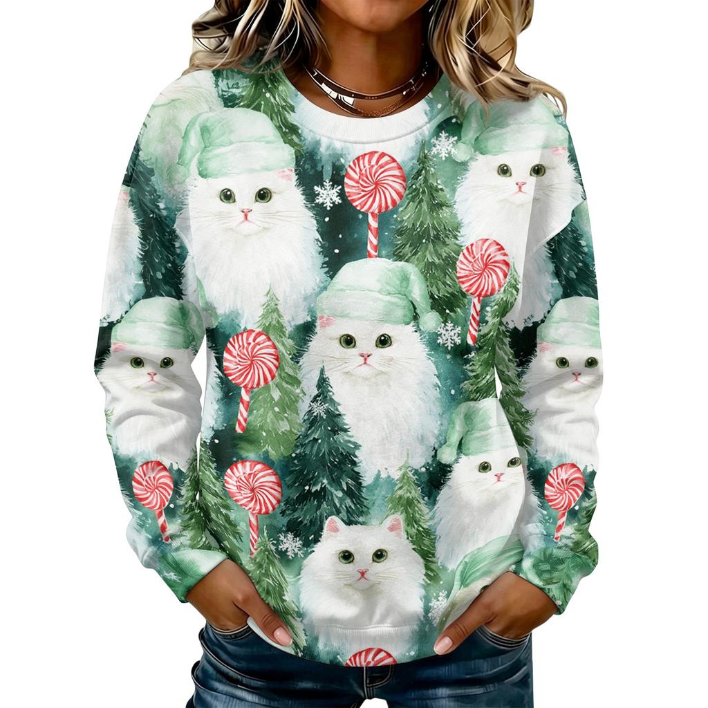 Women's Casual Long Sleeve Christmas Print Neck Pullover Sweatshirt