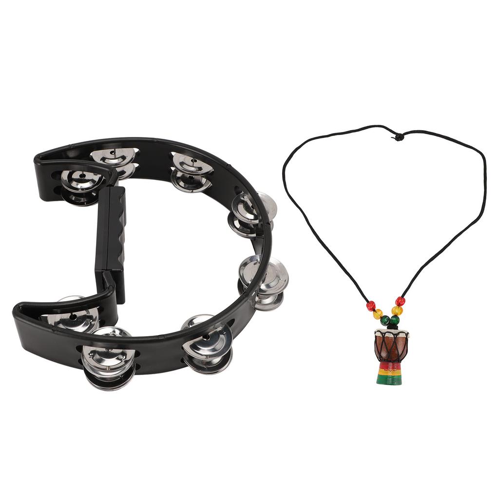 Handheld Tambourine with Hanging Decor Metal Bells Half Moon Drum Black Hand Percussion Instrument for Party Dance
