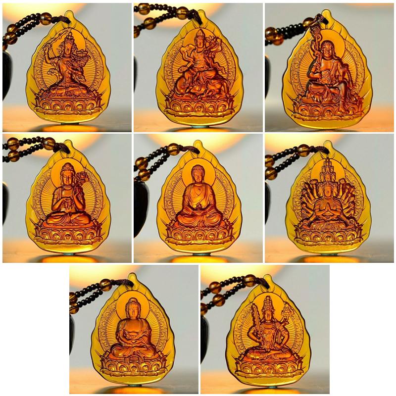 Ice Yellow  Lucky Pendant Long Sweater Necklace Manjushri Amitabha Tibetan Buddhism Religion Amulet Necklaces Unisex Gift