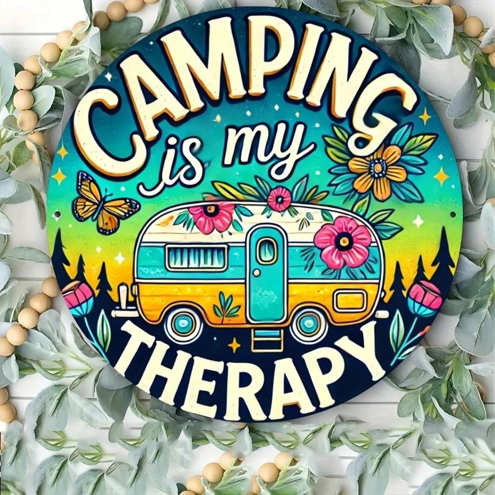 Vintage Camper Van Tin Sign, Round Retro Metal Wall Art, Camping Decor for Living Room, RV Garage, Man Cave, 7.8 Inch