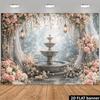 2D Misty Garden Fountain Backdrop, Floral Canopy & Blooming Roses Photo Banner for Events