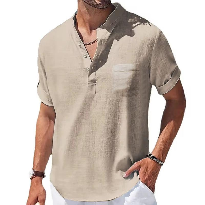 Casual Stand-up Collar Solid Color Short-sleeved Linen Shirt Fashion Breathable Loose Youth Basic Pocket Top