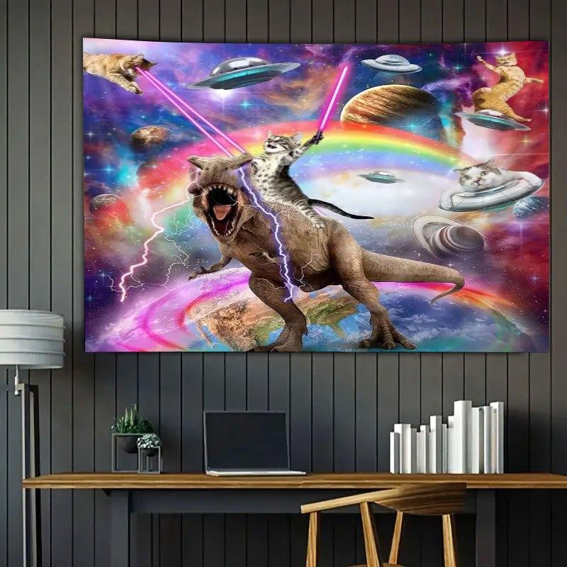 

VIKAMA Space Laser Cat Riding Dinosaur Funny Tapestry Rainbow Universe Game Room Decoration Room Decoration Home Decoration 74x94cm(29x37in)