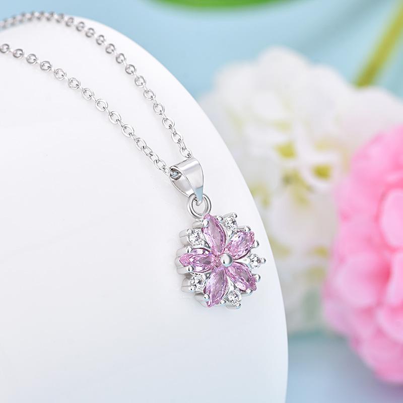 Buyee 925 Sterling Silver Flower Pendant Chain Pink Yellow Crystal Cherry Blossoms Pendant for Woman Fine Jewelry Chain