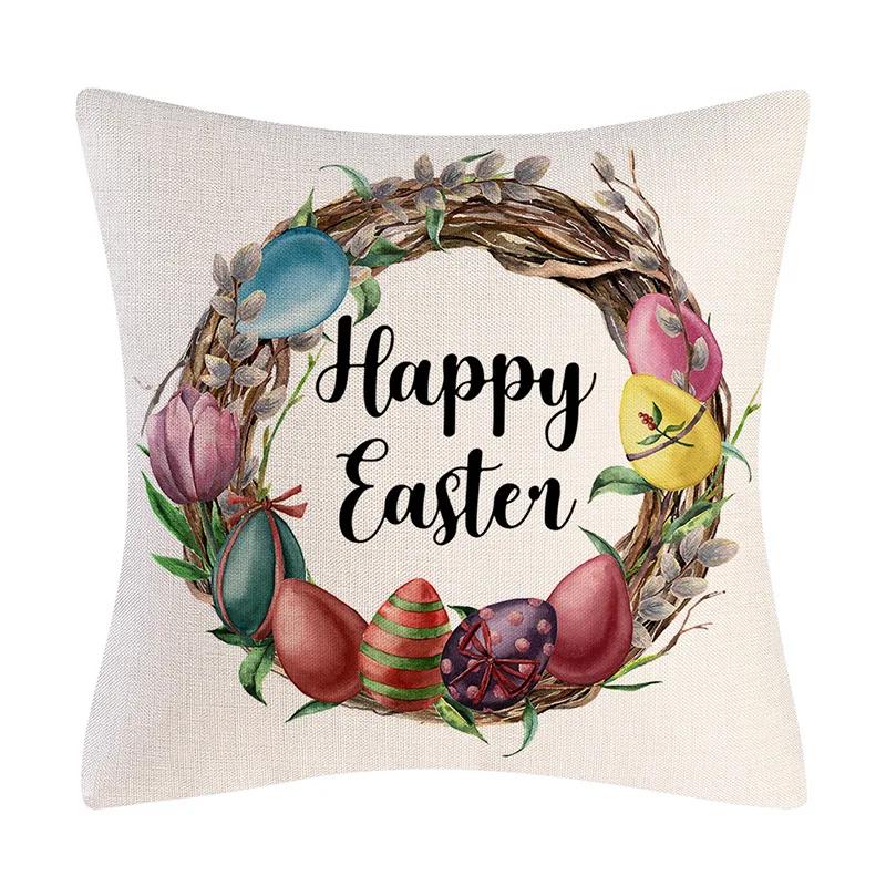Happy Easter Cushion Cover Bunny Eggs Printed Pillow Cover Easter Rabbit Printed Pillowcase Home Decorative Throw Pillow Case
