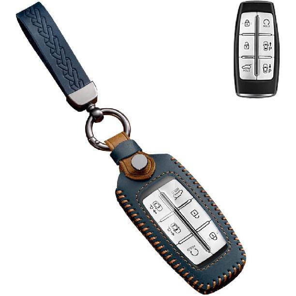 SANRILY FLL Production Leather Key Fob Cover for Genesis GV80 2021 2022 G80 GV70 G90 G70 Keyless 4/6/8 Button Key Case Shell with Keychain Brown
