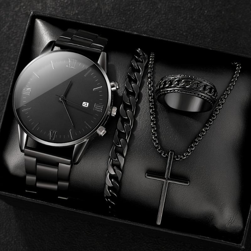 1SET Men s Trend Roman Numeral Fashion Watch 4 Pieces/Set Men s Black Minimalist Quartz Watch Set чёрный