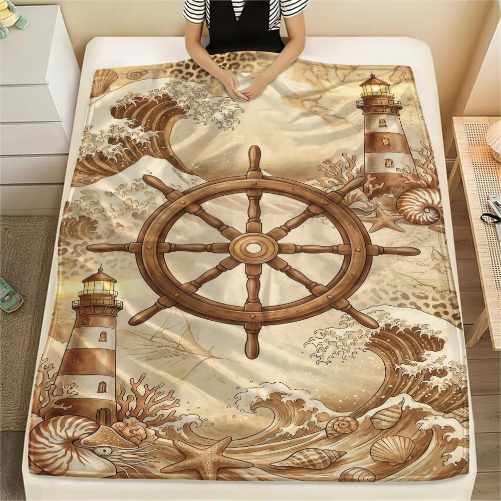 1PC Ships and Lighthouses Print FlAannel Blanket, High Quality Comfortable for All Seasons, Home Decor, Warmth and Comfort