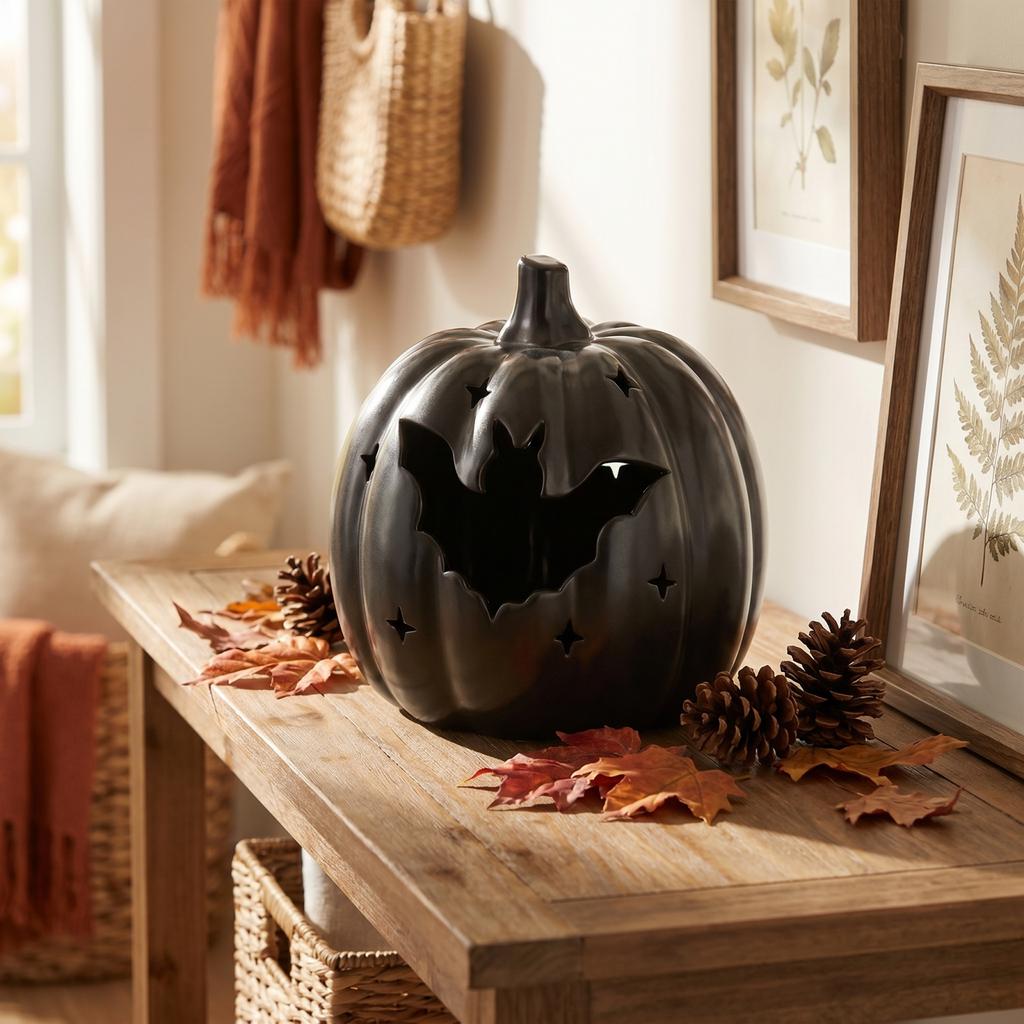 Halloween Pumpkin Table Decoration with Bat Cutout Design Ceramic Material Hollow Lantern Style Indoor Outdoor Use