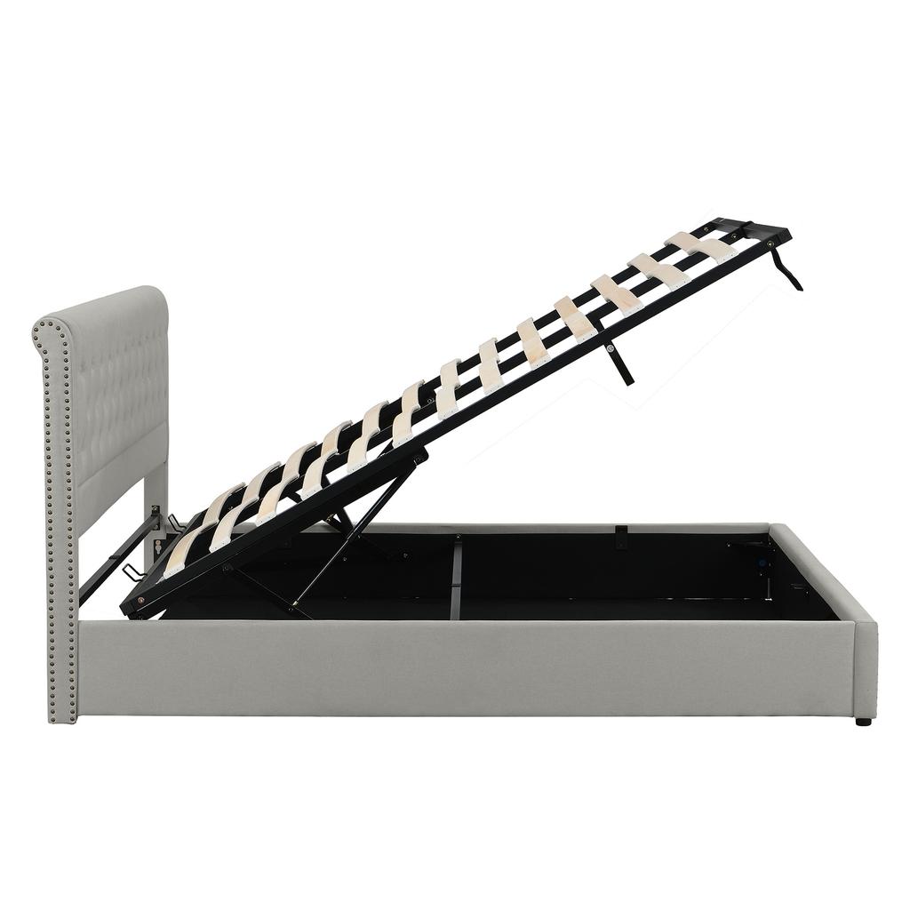 Cotton-linen upholstered bed, with hydraulic lever, bed box storage, rivet decoration, 140 x 200 cm, without mattress