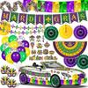 Mardi Gras Parade Float Decorations Kit Purple Green Gold Tinsel Garlands Fan Flag Mardi Gras Banner Balloons Paper Fans Streamers Masquerade Masks