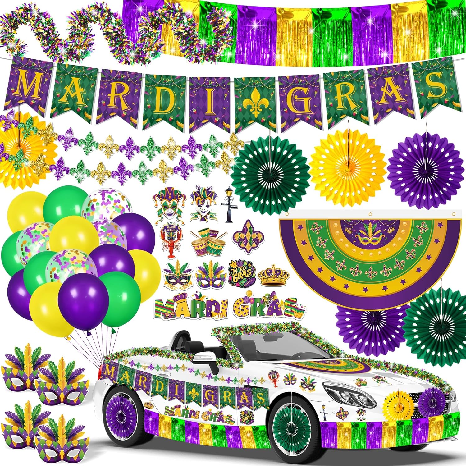 Mardi Gras Parade Float Decorations Kit Purple Green Gold Tinsel Garlands Fan Flag Mardi Gras Banner Balloons Paper Fans Streamers Masquerade Masks