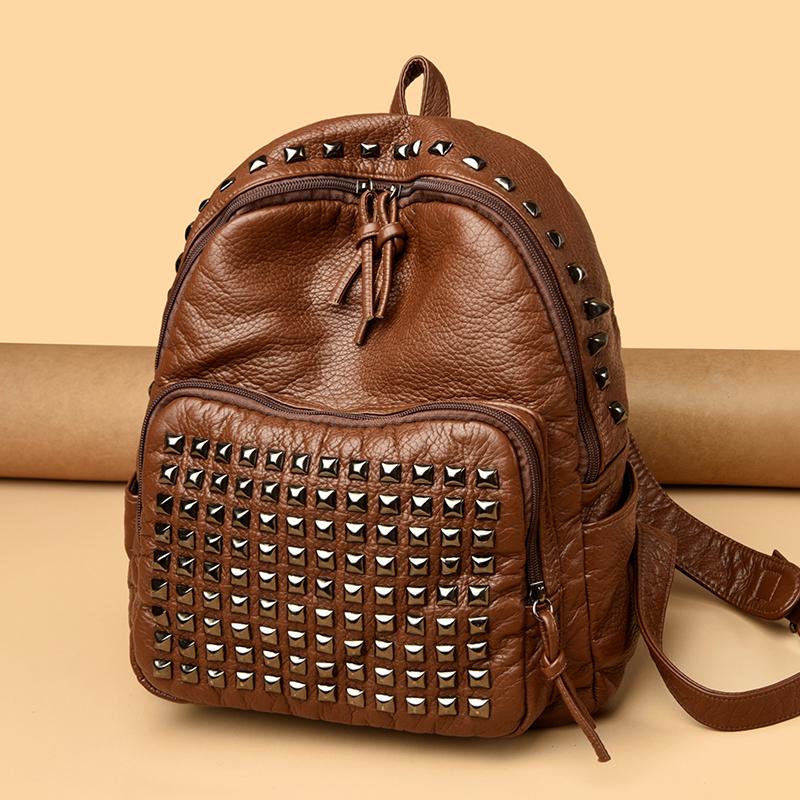 Fashion Rivet Soft Leather Women Backpacks Designer Large Capacity Girls School Bag  Female Bagpack Travel Bags